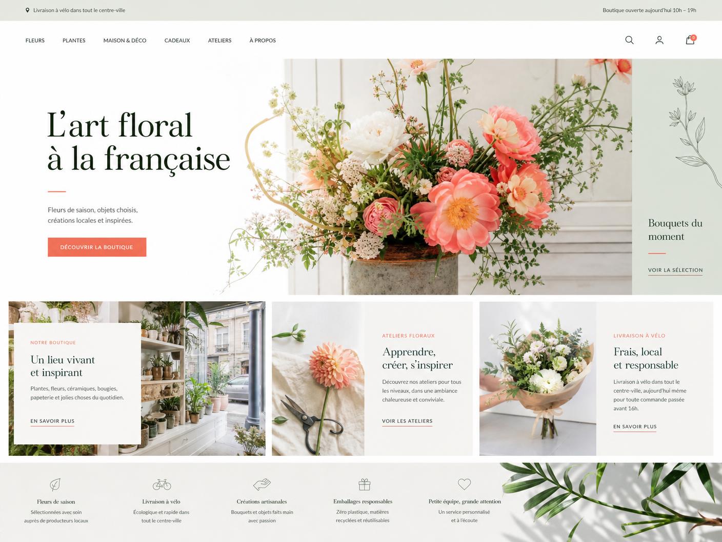 Concept de site internet coloré et éditorial pour un commerce floral local